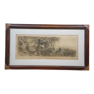 Antique Hc Rost Signed Hunt Theme Forest Elk Stag Landscape Etching 31" For Sale
