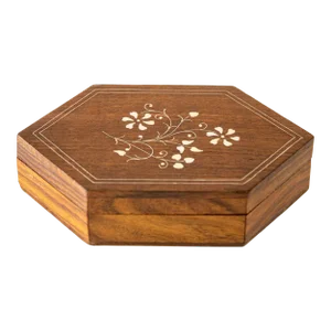1960s Vintage Moroccan Inlaid Hexagonal Wood Box