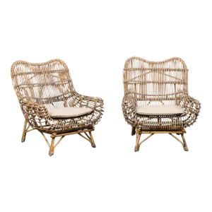 Early 20th Century Dutch Bamboo & Rattan Lounge Chairs - A Pair