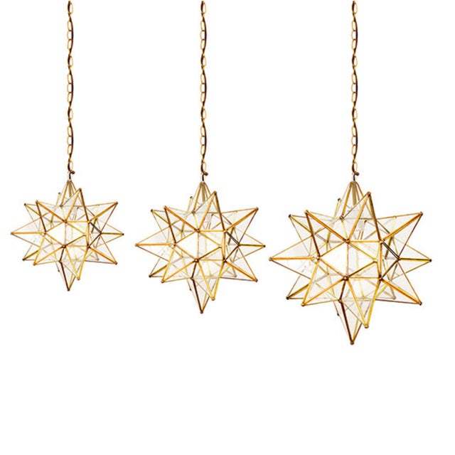 Rustic Matthew Izzo Home 15" Clear Glass Moravian Star Pendant Light With Brass Trim For Sale - Image 3 of 3