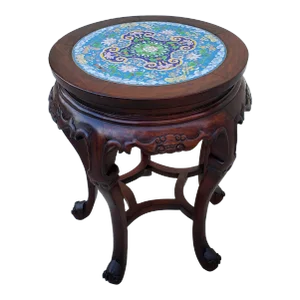 19th Century Chinese Carved Rosewood Side Table With Inset Cloisonne Top