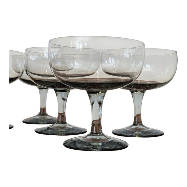 1960s Russel Wright Granite Coupe | Morgantown Smoked Glass Mid-Century - Set of 9 For Sale