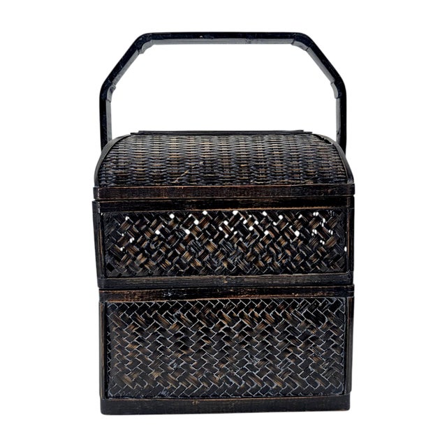 Chinese Chinese Export Black Lacquer Wedding Basket With Bentwood Handle 13" For Sale - Image 3 of 14