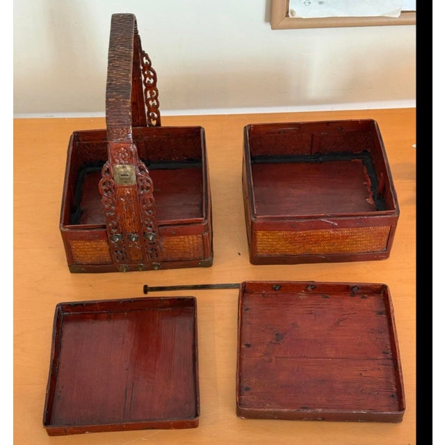 Late 19th Century Chinese Red Lacquered Two-Tier Woven Wedding Basket For Sale - Image 4 of 12