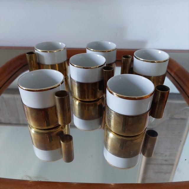 Mid-Century Modern Italian Porcelain and Brass Coffee Cups, 1960s, Set of 6 For Sale - Image 6 of 7