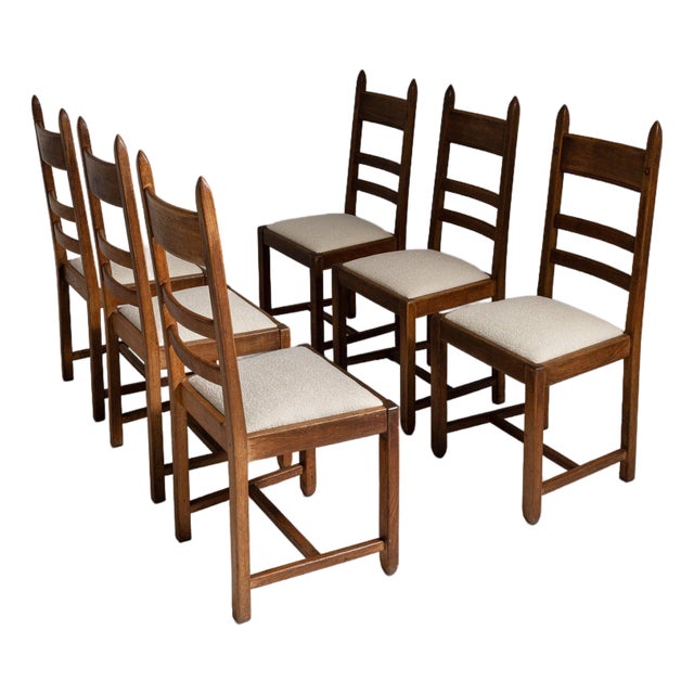 1970-1979 France Weathered Honey Oak Set Of Five Ladder-Back Chairs For Sale