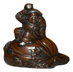 Japanese Bronze Buddha Statue of Him Sitting on a Sack Pouring Water, 1890s