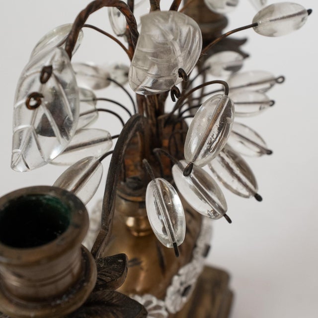 Brass Pair of Early 20th C. Crystal Flower Brass Candelabras French Style, For Sale - Image 8 of 15