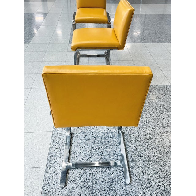 Mies Van Der Rohe Style Polished Steel & Yellow Leather Counter Stools - A Set of 3 For Sale - Image 9 of 12