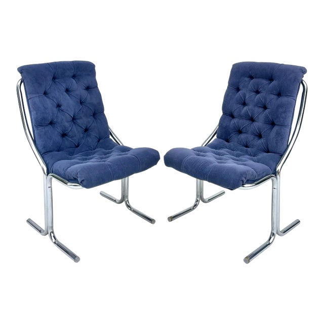 Pair of 1970's Blue Tufted Modern Chrome Lounge Side Chairs For Sale