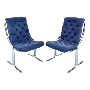 Pair of 1970's Blue Tufted Modern Chrome Lounge Side Chairs