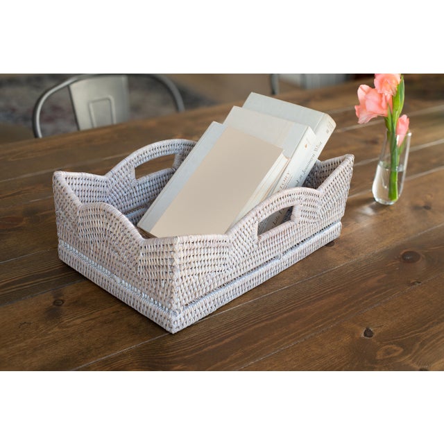 Boho Chic Artifacts Rattan Rectangular Scalloped Shelf Basket - White Wash For Sale - Image 3 of 7