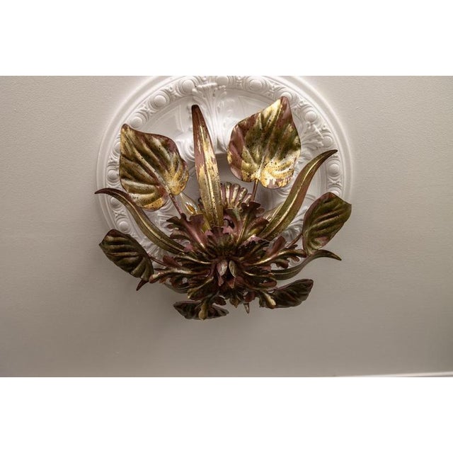 Metal Hollywood Regency Style Golden and Purple Metal Three-Light Leaf Ceiling Lamp For Sale - Image 7 of 18