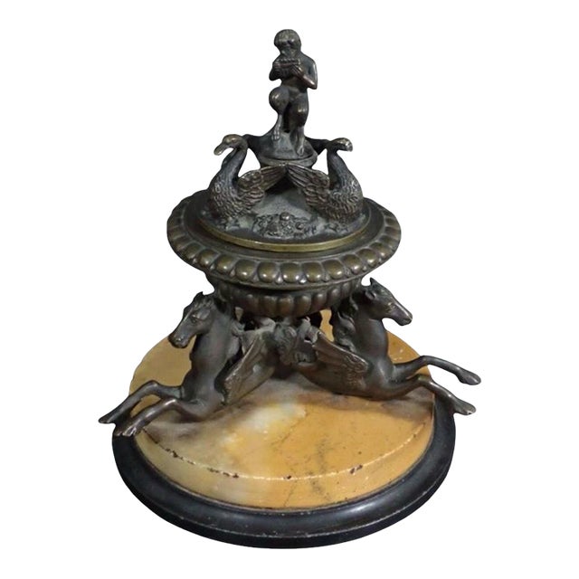 19th Century Italian Grand Tour Sienna Marble & Patinated Bronze Inkwell With Seahorses For Sale