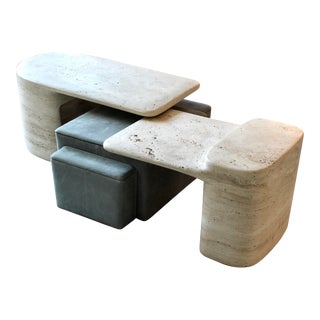 Formation Coffee Tables and Ottoman in Travertine and Leather by Dan Yeffet for Collection Particuliere - Set of 3 For Sale