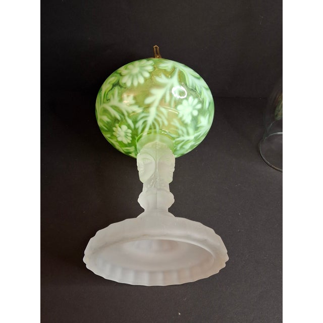 Metal Vintage-Style Green Floral Glass Table Lamp With Frosted Female Head Pedestal Base For Sale - Image 7 of 13