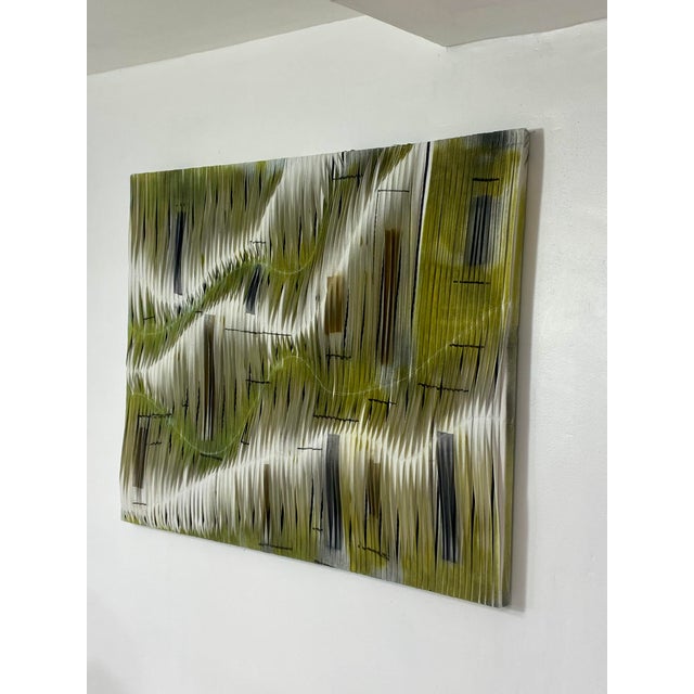 Paintings created from repeated folding with thread inlays and acrylic paint. The pleating punctuates the horizontal...