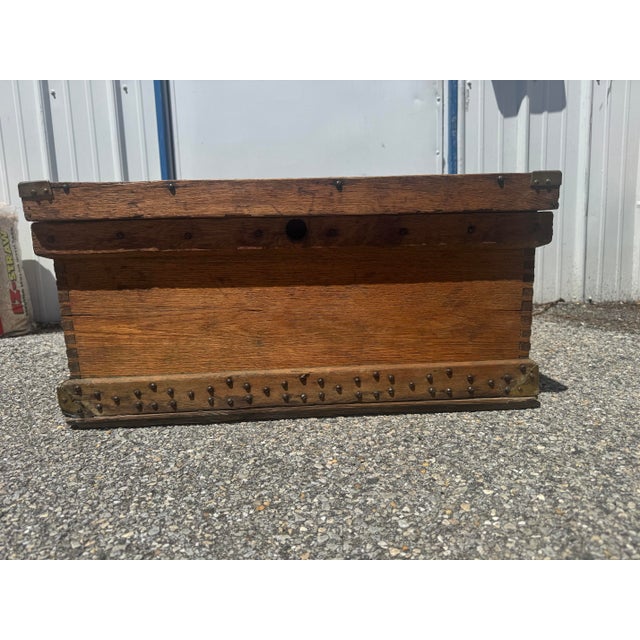 Antique Late 19th Century Pine Tool Chest / Strong Box With Hand-Cut Dovetails & Iron Hardware For Sale - Image 9 of 12