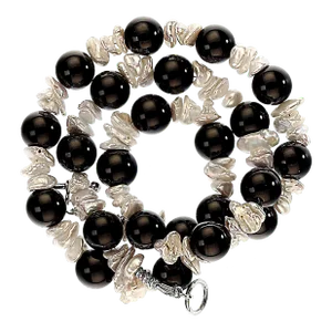 Gray Iridescent Biwa Pearl and Black Onyx Necklace