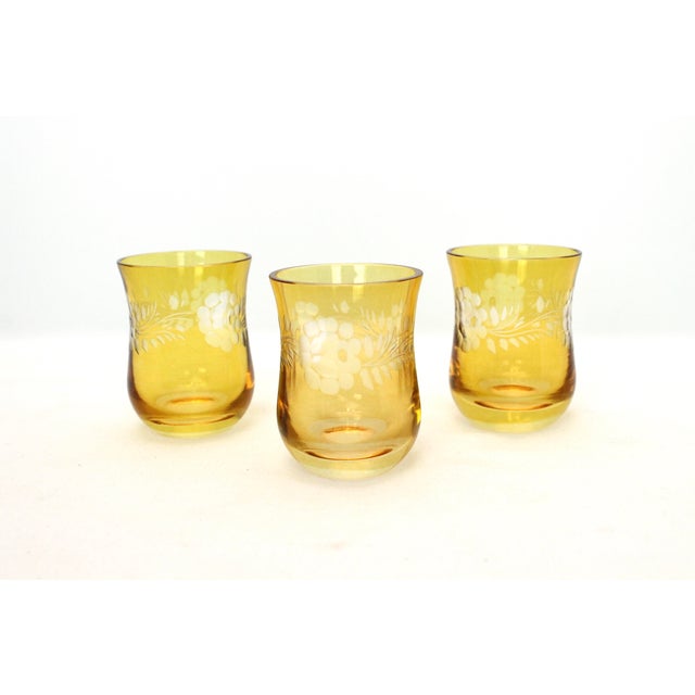 Vintage Bohemian Cut to Clear Etched Amber Shot Glasses Set of 3