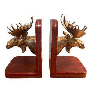 Late 20th Century Brass and Mahogany Moose Bookends - a Pair For Sale