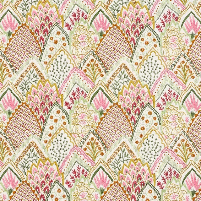 Schumacher Albizia Embroidery Fabric in Pink & Leaf For Sale
