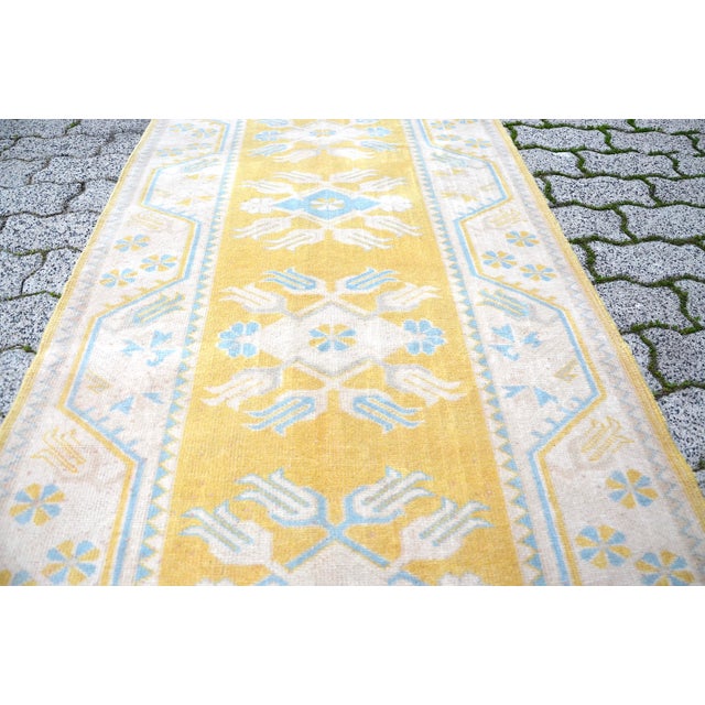 Textile 1960s Floral Design Beige-Yellow Handmade Runner Rug For Sale - Image 7 of 11