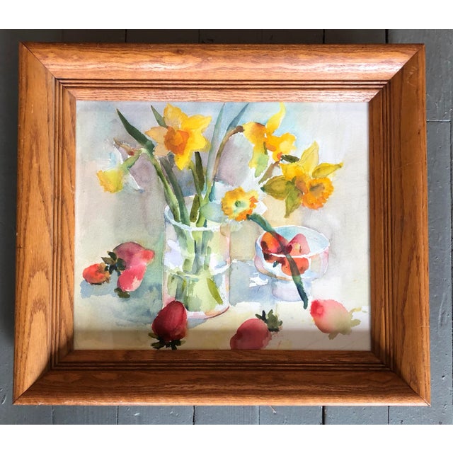 1970s Original Vintage Watercolor Strawberries & Daffodils Framed For Sale - Image 5 of 5