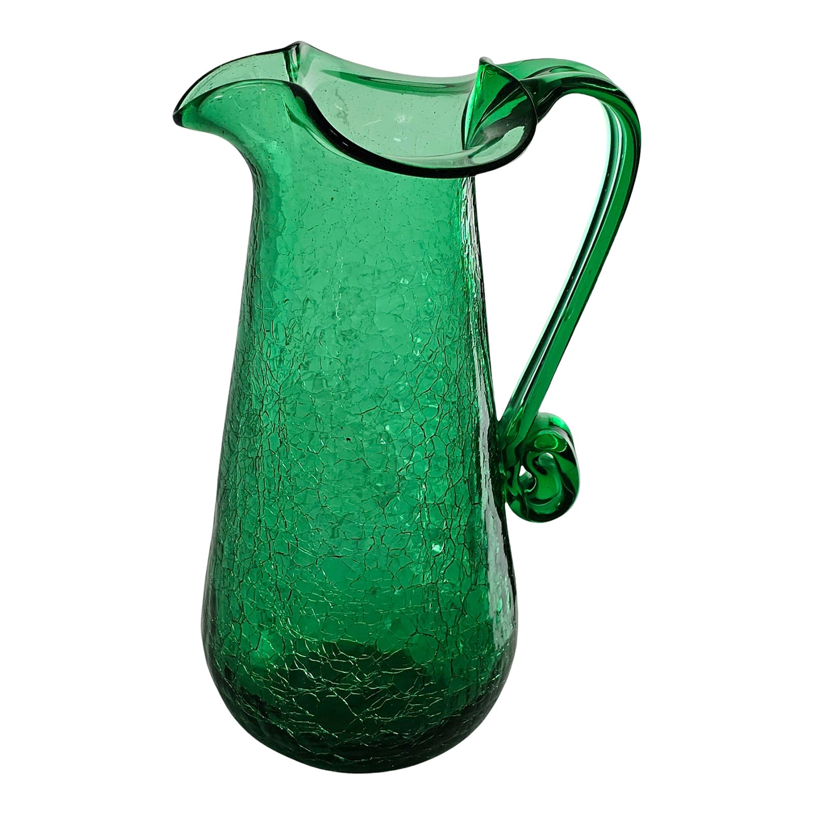 Vintage Hand-Blown Rainbow Crackle Glass Pitcher – 8.5” Green, Ruffled ...