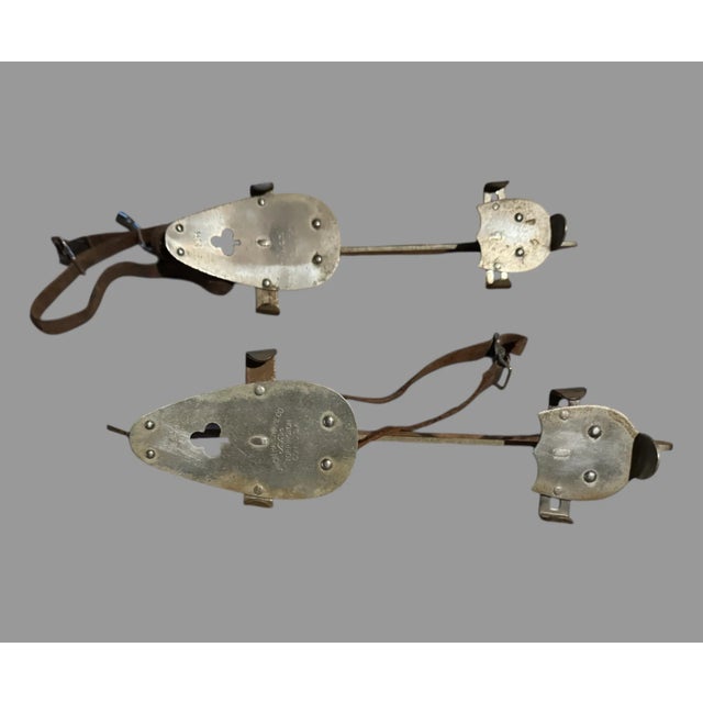 Early 20th Century Pair Primitive Antique Metal Ice Skates With Leather Straps Union Hardware 11.5 For Sale - Image 5 of 8