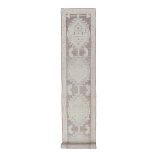 Geometric Medallion Design Turkish Oushak Runner in Soft Neutral Tones For Sale