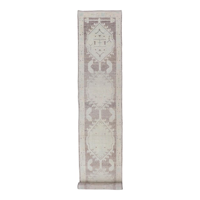Geometric Medallion Design Turkish Oushak Runner in Soft Neutral Tones For Sale