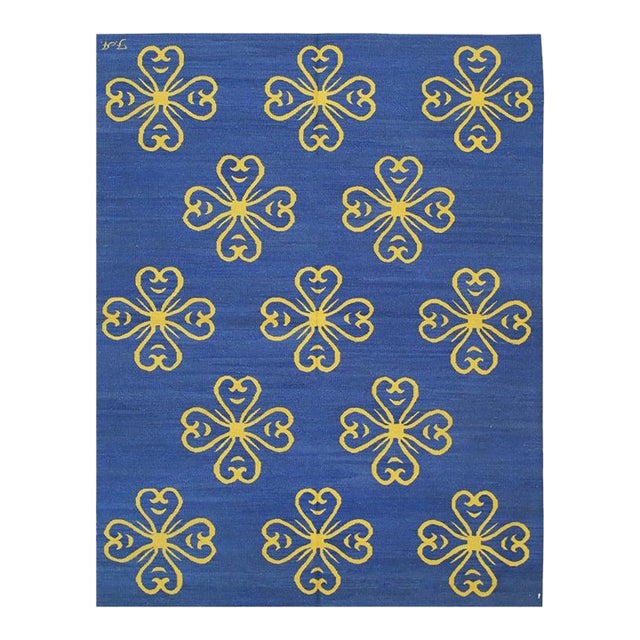 6x8 Blue Handwoven Wool Stylized Clover Motif Geometric Modern Carpet Rug For Sale