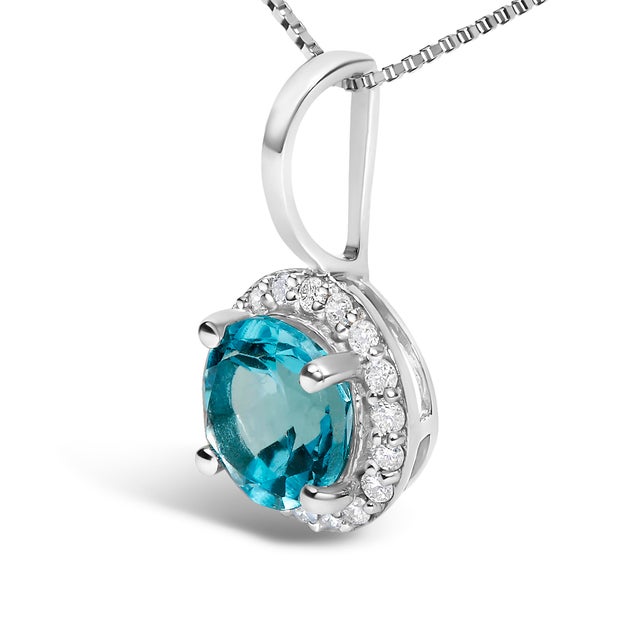 Contemporary 10K White Gold Blue Topaz and 1/10 Cttw Diamond Accent Halo Pendant Necklace For Sale - Image 3 of 5