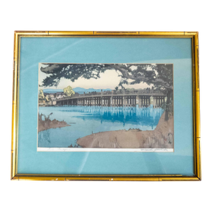 1930's Japanese Ukiyo-E Woodblock Print of Seta Bridge by Hiroshi Yoshida