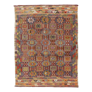 Colorful Vintage Turkish Embroidery Flatweave Rug With Stars and Squares and Geometrics 5'10" X 8'2"