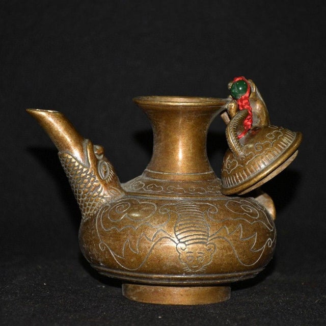 1980s Vintage Wine Ewer, Dragon Spout & Bat Engraved Motifs For Sale - Image 5 of 9