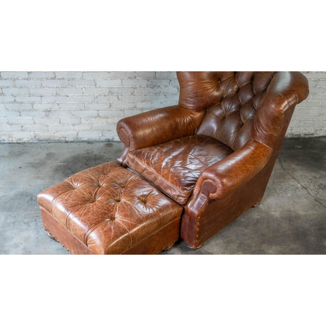 Brown Restoration Hardware Churchill Cigar Leather Luxe Writer's Chair and Ottoman For Sale - Image 8 of 13