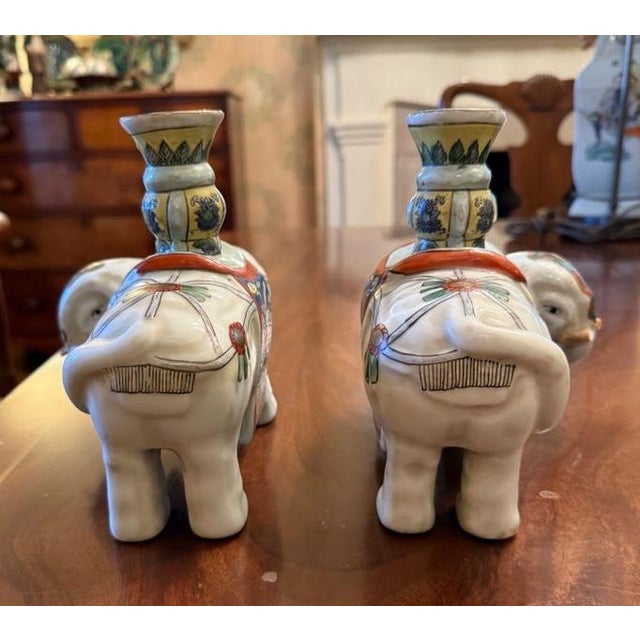 Pair of Antique Porcelain Famille Rose Elephant Candleholders For Sale - Image 4 of 5