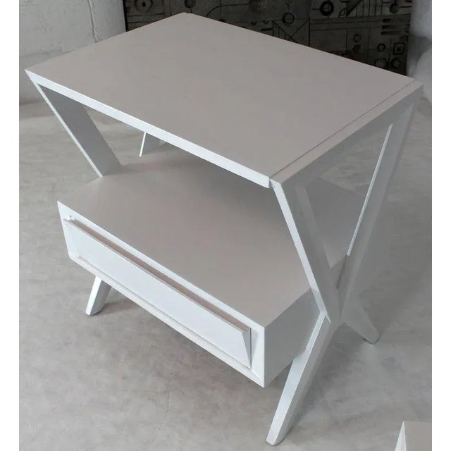 Wood 1960s Mid-Century Modern White Lacquer One Drawer X-Bases End Tables Nightstands - a Pair For Sale - Image 7 of 12