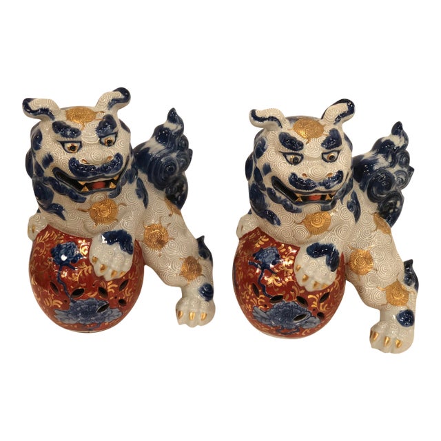 Vintage Blue and White Foo Dogs - a Pair For Sale