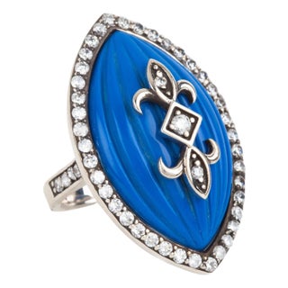 Miriam Salat Navy Blue Resin, Sterling Silver & White Topaz Ring, Size 7 For Sale