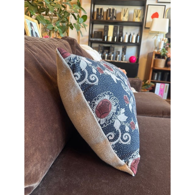 Custom made indigo block print XL lumbar pillow with linen backing. Perfect size for a queen or king bed! Sean Leffers fabric