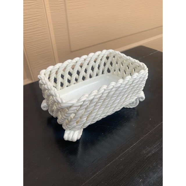 1980s French Country White Ceramic Woven Rope Cachepot Basket For Sale - Image 4 of 11