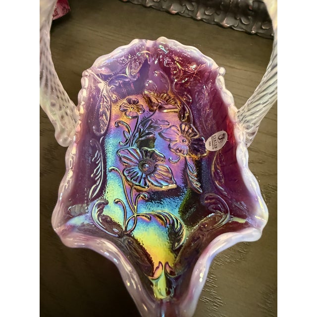Purple 1990s Handmade Fenton Plum Opalescent Art Glass Basket With Iridescent Finish For Sale - Image 8 of 13