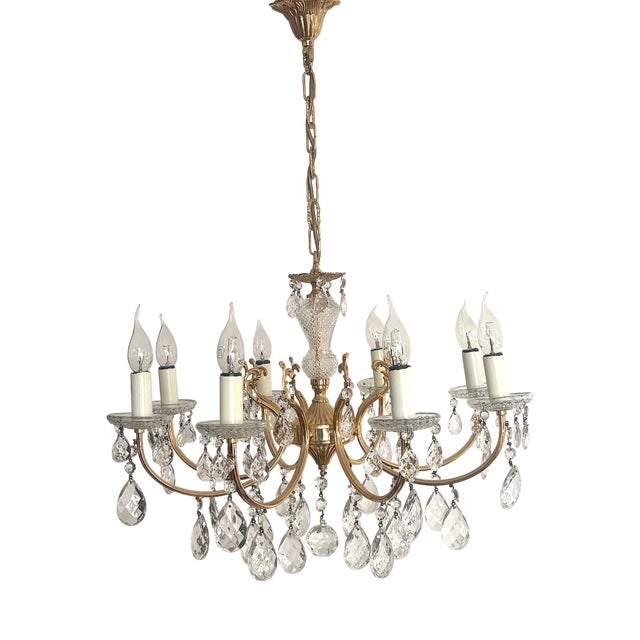 Brass and Lead Crystal 8-Light Chandelier, 1960s For Sale