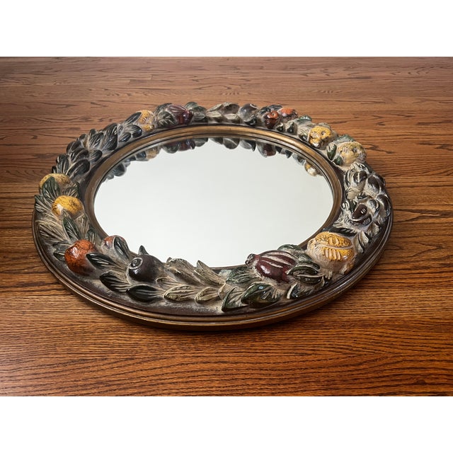 Vintage La Barge Hand-Carved & Hand-Painted Italian Fruit Motif Beveled Round Wall Mirror, 30⅛" For Sale - Image 9 of 12