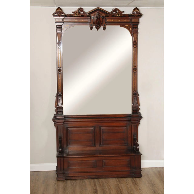 High Quality Antique American Renaissance Revival Carved Walnut Hall Stand Storage Bench with Monumental Gilt Accented...