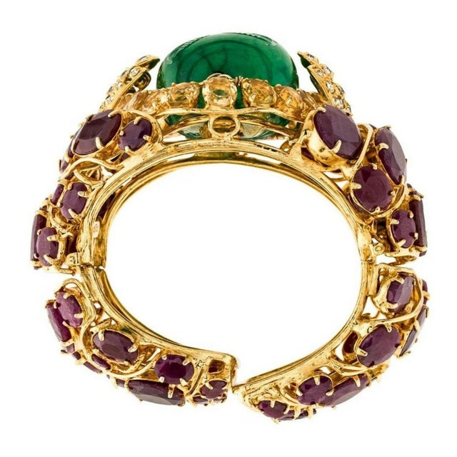 90s Iradj Moini Cuff Ruby Carved Green Emerald Citrine Statement Gold Plated Bangle Bracelet For Sale In Los Angeles - Image 6 of 12