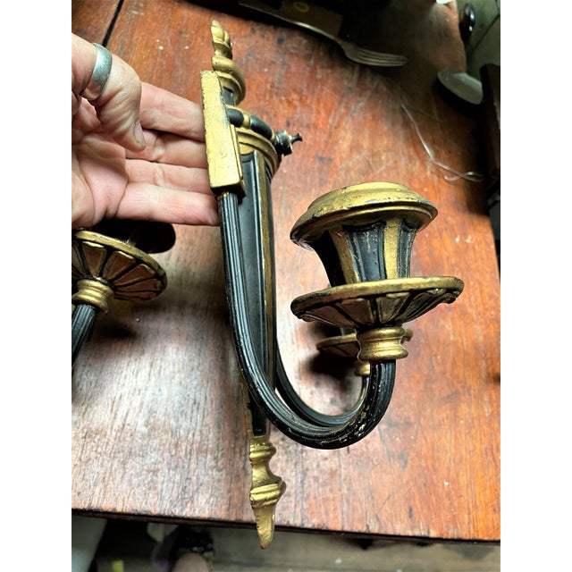 Mid 20th Century Mid 20th Century Neoclassical Style Greek Key & Urn Cast Metal Wall Candle Sconces Signed Empire For Sale - Image 5 of 15